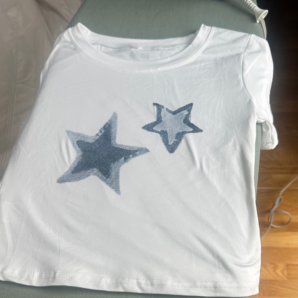 SHEIN White Tee with Blue Star Print
